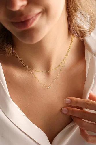 Vista 2 de TEWIKY - Collares bañados en oro de 14 quilates para llevar escalonados, cadena con dije de diamante y gargantilla con eslabones cubanos, delicado