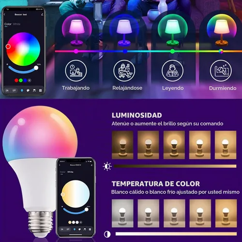 Vista 3 de Bombillas inteligentes, bombilla LED WiFi y Bluetooth que es compatible con Alexa y Google Home, bombilla que cambia de color, bombillas WiFi A19