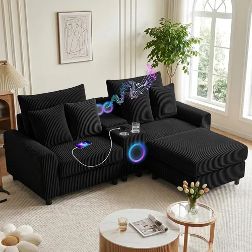 Vista 11 de MAKIAAP Sofá modular de pana de 83 pulgadas con altavoces, cómodo sofá biplaza de asiento profundo con otomana móvil, consola, cargador USB, Beige