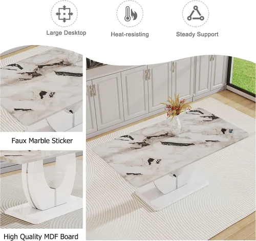Vista 3 de JUFU Moderno juego de mesa de comedor de mármol sintético de 63 pulgadas para 6, mesa de cocina rectangular con base de pedestal en forma de U