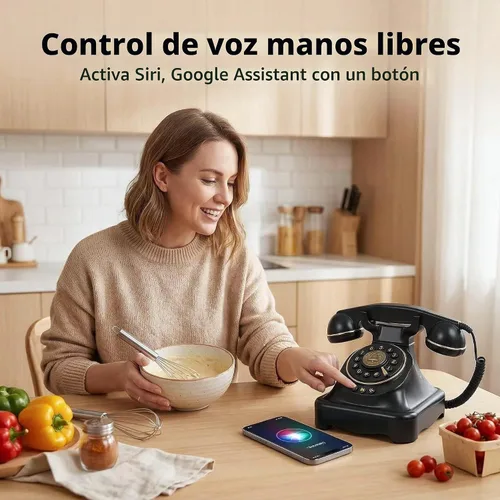 Vista 3 de Teléfono fijo Bluetooth Teléfono giratorio retro compatible con asistente de voz Diálogo inteligente, reproducción de música, llamadas manos libres