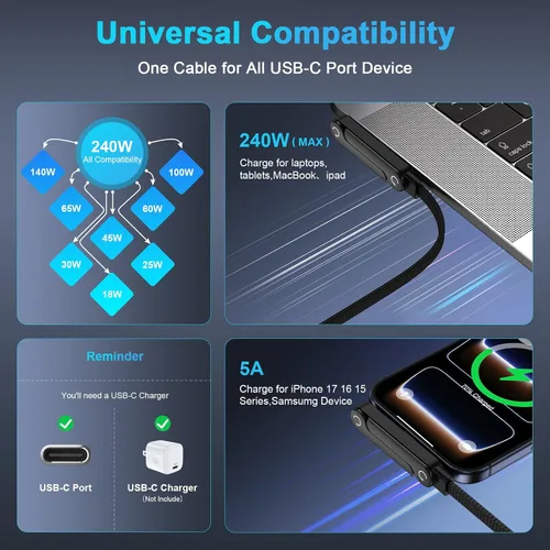 Vista 3 de Cable de carga invisible de 240 W, carga rápida USB C a USB C, cable de carga trenzado para Samsung Galaxy A17/A37/A16/A15/S26