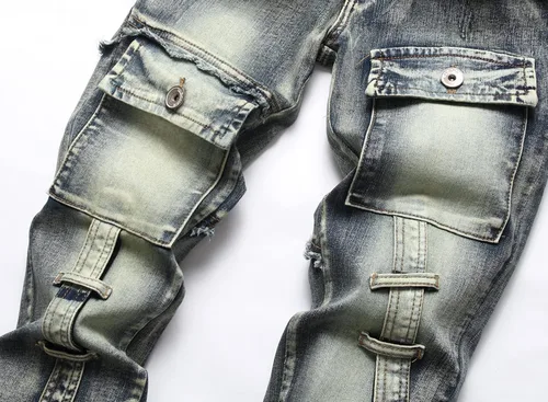 Vista 3 de XIMXIMMTIAN Jeans rectos para hombre, estilo motociclista, desgastados, desgastados, desgastados, rectos