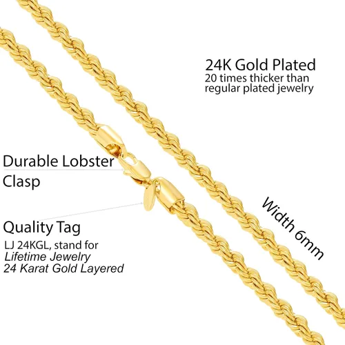 Vista 4 de LIFETIME JEWELRY Collar de cadena de cuerda de 0.236in para mujeres y hombres, chapado en oro real de 24 quilates, Chapado en oro, No es una piedra