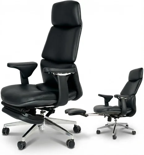 Vista 8 de Silla de oficina ergonómica de cuero genuino con reposapiés de Marrón