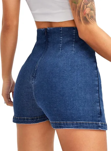 Vista 2 de Floerns Pantalones cortos de mezclilla de cintura alta con dobladillo dividido para mujer