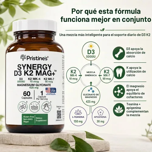 Vista 3 de PRISTINE'S Vitamina D3 K2 5000 UI cápsulas con magnesio, certificado NSF