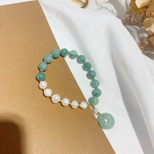 Vista 4 de Pulsera de perlas de jade de oro de 14 quilates, pulsera elástica con cuentas de perlas, regalo de joyería de cumpleaños para esposa, novia