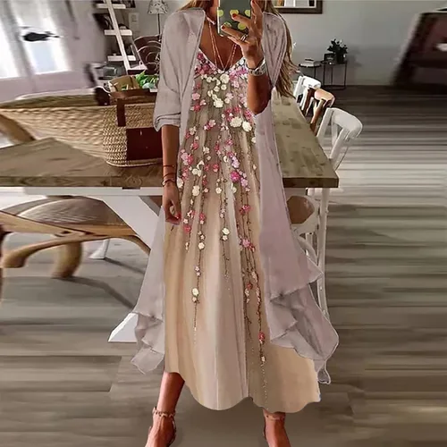 Vista 2 de Vestido formal de verano para mujer casual estampado de moda cuello en V conjunto de dos piezas vestido largo 2022
