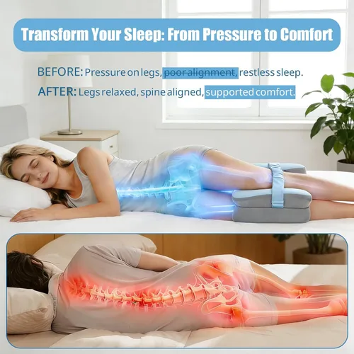 Vista 6 de Almohada de rodilla de espuma viscoelástica para dormir de lado, azul con correa ajustable para alineación de cadera y columna vertebral, alivia
