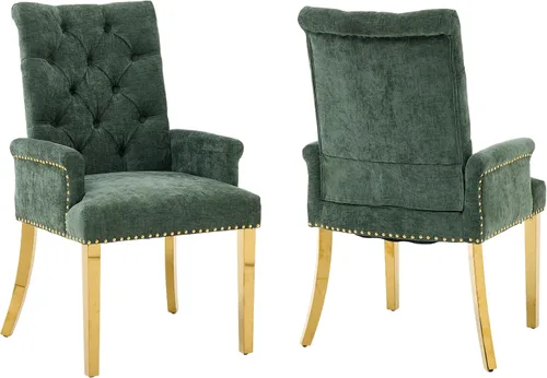 Vista 32 de Sillas de Comedor Tapizadas Acolchadas de Chenilla con Brazos y Ribete de Tachuelas – Marco y Patas de Madera Maciza, Estilo Granja Moderna