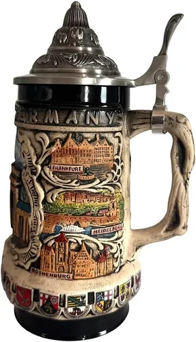 Vista 3 de Taza de cerveza con diseño de castillos alemanes de color verde oscuro con tapa Petwer Regalos de cumpleaños de 0.8 litros (verde oscuro)