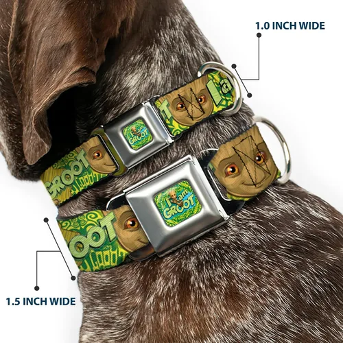 Vista 2 de Buckle-Down Collar de perro Hebilla de cinturón de seguridad Baby Groot Pose Face I Am Groot Browns Greens Amarillos 9 a 15 pulgadas 1.0 pulgadas