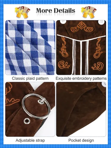 Vista 3 de SOMSOC Disfraz de Oktoberfest bávaro alemán para hombre, incluye Lederhosen para hombre con tirantes, camisa, calcetines y sombrero