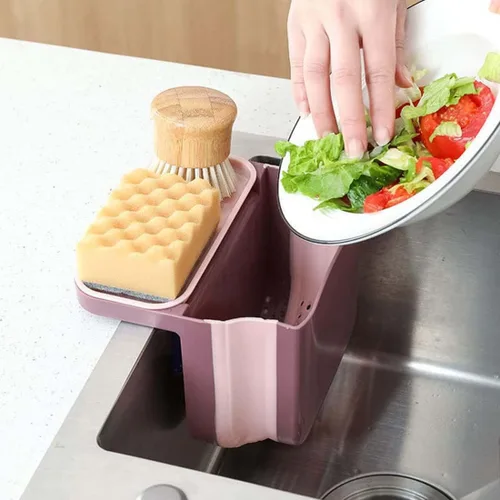 Vista 4 de Alkyne Cubo de basura de separación seca y húmeda para fregadero, papelera debajo del fregadero, papelera de cocina, cesta de drenaje telescópica