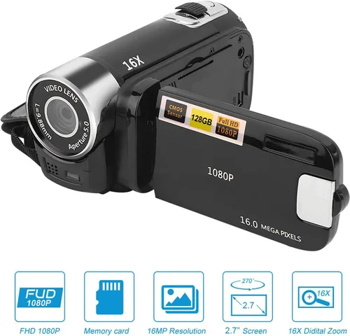 Vista 2 de Videocámara, cámara de video Full HD 1080P con cámara digital de 16 MP, pantalla LCD giratoria de 2.7 pulgadas, zoom digital 16X, videocámara