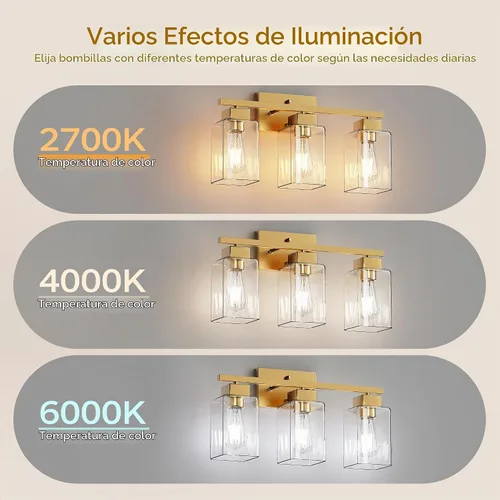 Vista 6 de PARTPHONER Lámparas de baño de 3 luces, luces de tocador modernas de oro cepillado, accesorios de iluminación de baño sobre el espejo, apliques