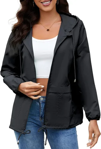Vista 4 de Chubasqueros para mujer, rompevientos, impermeable, ligera, con capucha, para exteriores, tallas S-XXL