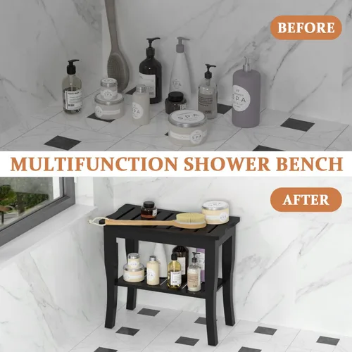 Vista 7 de Domax Bancos de ducha de bambú para ducha interior, asiento de banco de baño, taburete de ducha de madera impermeable con estante de almacenamiento