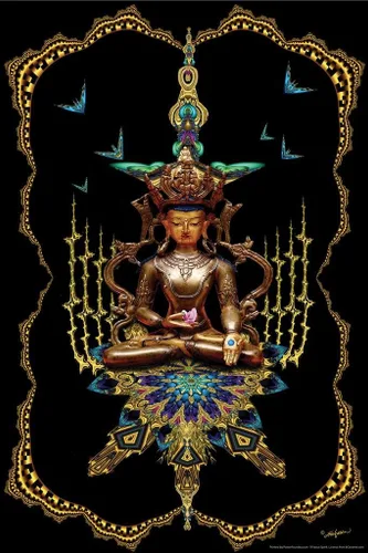 Vista 5 de Póster de Buda en el trono del pavo real, con espíritu fractal, meditación religiosa, paz, armonía, felicidad, arte de pared, 12 x 18 pulgadas