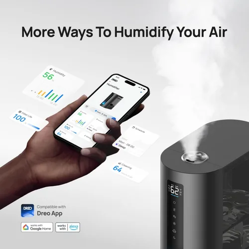 Vista 3 de Dreo - Humidificador de 6L para dormitorio, rociada inteligente cálida y fría para habitación grande, tiempo de funcionamiento silencioso de 60