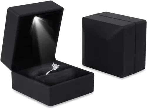 Vista 3 de iSuperb Caja de anillo con luces LED, 2 unidades, para propuestas, compromisos, bodas, regalos (paquete de 2 unidades, negro)