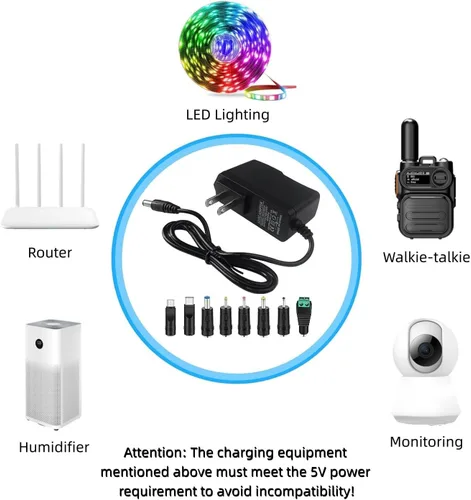 Vista 6 de 5V 1A Cable de alimentación con 8pcs DC Connector Universal 5W Power Adapter Wall Charger Plug, AC 100-240V to DC 5V 1A 800mA 500mA, 5.5 * 2.5mm
