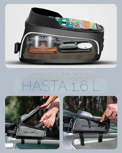 Vista 5 de ROCK BROS Bolsa para teléfono de bicicleta/bicicleta para estructura frontal, impermeable, bolsa de tubo, bolsa de ciclismo, accesorios