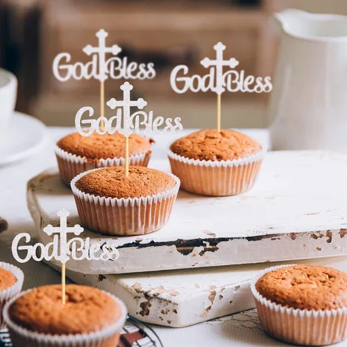 Vista 8 de Ercadio Paquete de 36 adornos para cupcakes con purpurina de cruz con purpurina para bautizo, fiesta religiosa cristiana, suministros de decoración