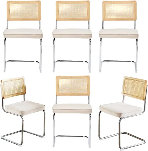 Vista 14 de Juego de 2 sillas de comedor de terciopelo con respaldo de ratán, diseño moderno Breuer con base cromada inoxidable sin brazos tapizada para Beige