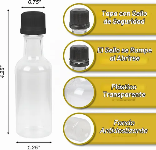 Vista 2 de Mini botellas de licor con tapas negras, 56 botellas pequeñas y tapas a prueba de manipulaciones, 1.7 onzas líquidas
