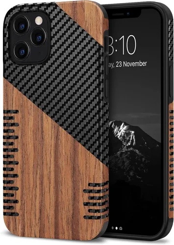 Vista 10 de TENDLIN Compatible con iPhone 12 Mini Funda de Grano de Madera con Textura de Fibra de Carbono Diseño de Cuero Híbrido Funda Negra