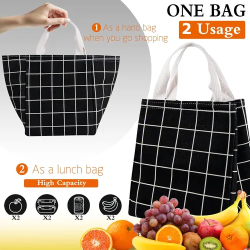 Vista 5 de Lonchera térmica para mujeres y hombres, bolsas reutilizables para el almuerzo para adultos para el trabajo o viajes (cuadros negros)