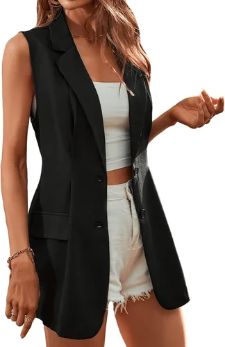 Vista 4 de Floerns Chaqueta tipo blazer sin mangas con cuello frontal y botones para mujer