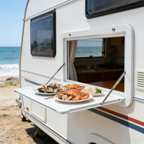 Vista 7 de Mesas plegables de 31.5 pulgadas para caravana, mesa plegable de aleación de aluminio, mesa de pared plegable con cerradura para caravana, camino al