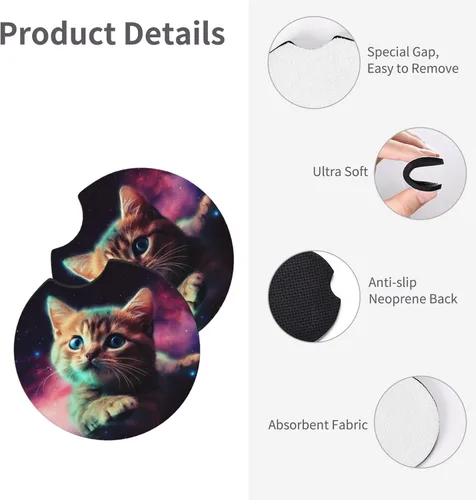 Vista 3 de Portavasos para automóvil con estampado de gato Galaxy para portavasos universales antideslizantes, paquete de 2 soportes para tazas, almohadilla