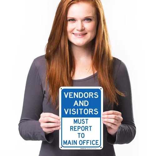 Vista 2 de Vendors & Visitors Report to Main Office Sign, 10x7 Inches, Rust Free .040 Aluminum, Fade Resistant, Easy Mounting, Indoor/Outdoor Use, Made in USA
