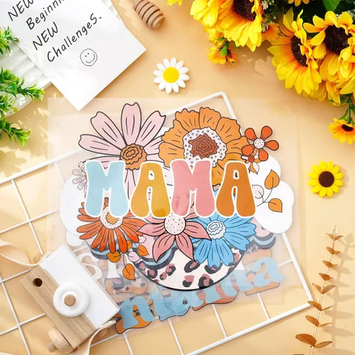 Vista 4 de Whaline 6 hojas de parches para planchar con texto en inglés "Mama Boho, para planchar con estampado de arcoíris, flores, leopardo, mamá", vinilo