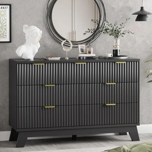 Vista 9 de Cómoda acanalada para dormitorio con 3 cajones, cómoda moderna de 24 pulgadas de ancho con mango de metal, soporte de TV de madera, armario de Negro