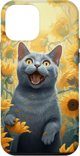 Vista 12 de iPhone 14 divertido gato ruso azul cara con girasol pintura caso