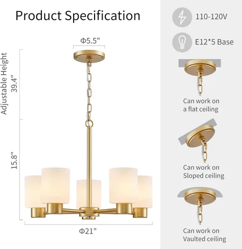 Vista 2 de WUZUPS Lámpara colgante de 5 luces, pantalla de vidrio blanco esmerilado con iluminación de techo de grano, elegante accesorio moderno para baño
