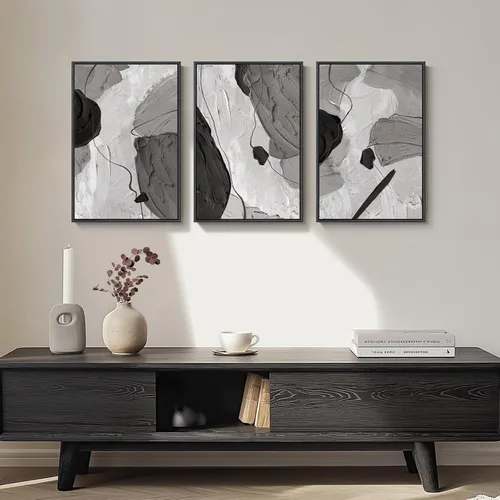 Vista 4 de Arte de pared abstracto moderno enmarcado en blanco y negro, 3 piezas de impresiones en lienzo pinturas obras de arte para paredes, cuadros Negro