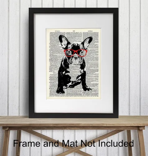 Vista 3 de Bulldog francés con gafas rojas, impresión artística de diccionario, impresión fotográfica de 8 x 10 pulgadas, decoración genial para el hogar