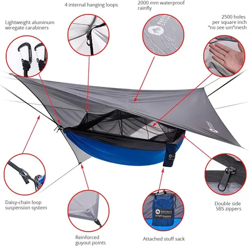 Vista 10 de Easthills Outdoors Jungle Explorer - Hamaca doble para acampar de 118 x 79 pulgadas, ligera, antidesgarros, nailon para 2 personas, con red