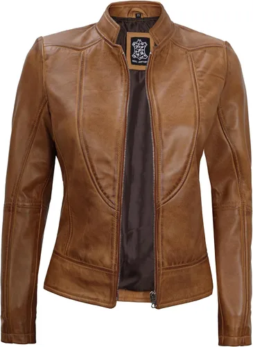 Vista 2 de Decrum Chaqueta de cuero marrón para mujer - Cafe Racer Leather Biker Style Casual Chaquetas para mujer