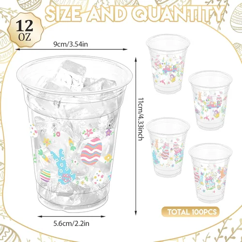 Vista 2 de 100 vasos de plástico con diseño de conejo de Pascua, vasos desechables transparentes de 12 onzas para Pascua, primavera, fiestas de cumpleaños