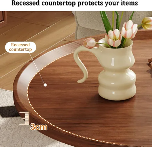 Vista 5 de YVYKFZD Round Coffee Table, 2 Tier Wood Center Table for Living Room, Fluted Tea Table with Metal Frame, Farmhouse Cocktail Table End Table(Walnut