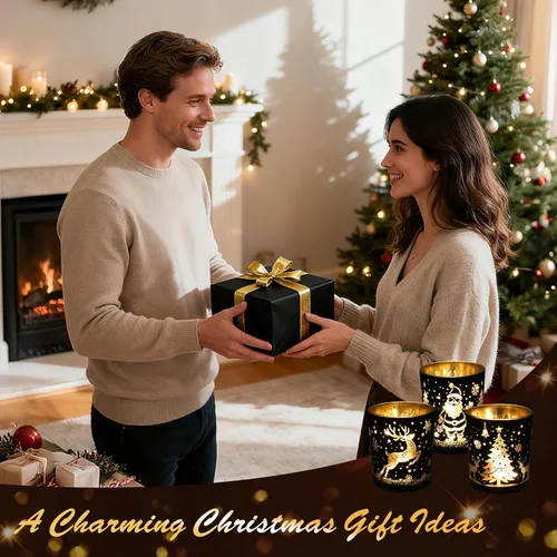 Vista 5 de Portavelas votivas, juego de 3 portavelas de Navidad de cristal negro y dorado, portavelas de té con Papá Noel, reno, patrón de árbol Xmax