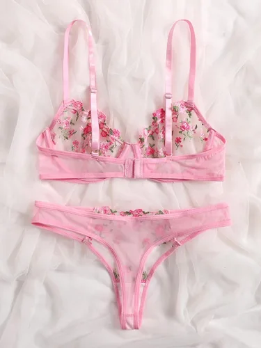 Vista 2 de WDIRARA Conjunto de lencería con aros bordados florales para mujer conjunto de brasier y bragas de malla