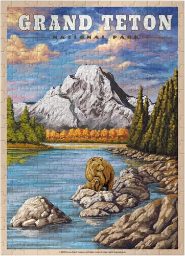 Vista 7 de MyPuzzle Grand Teton National Park – Grizzly Bear Hug, póster de viaje vintage – Rompecabezas de 100 piezas premium para adultos